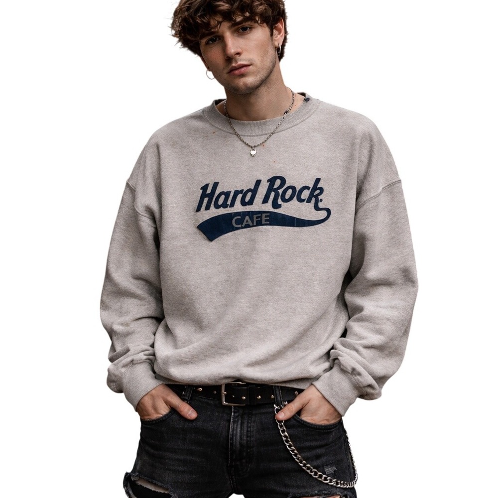 Hard Rock Paris Cafe Men's 90s Destroyed Classic Logo‎ Pullover Sweatshirt Sz XL